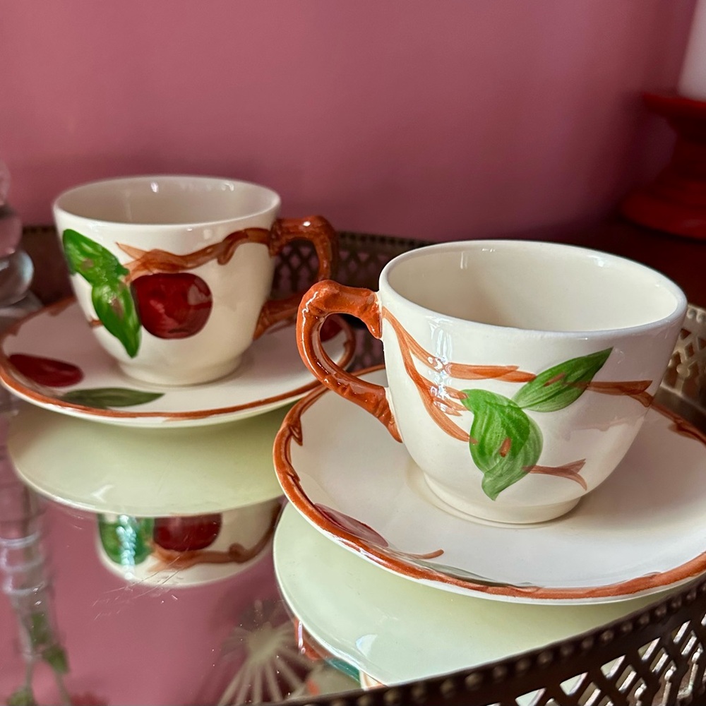 1940's Franciscan Apple Hand Painted Teacup and Saucer Set For 2 USA Backstamp